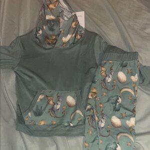 Teal Dragon Print Hoodie and Pants Set